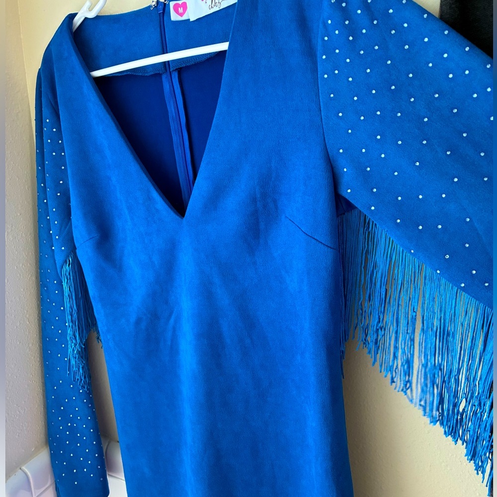Blue Dress with Fringe and Studded Sleeves